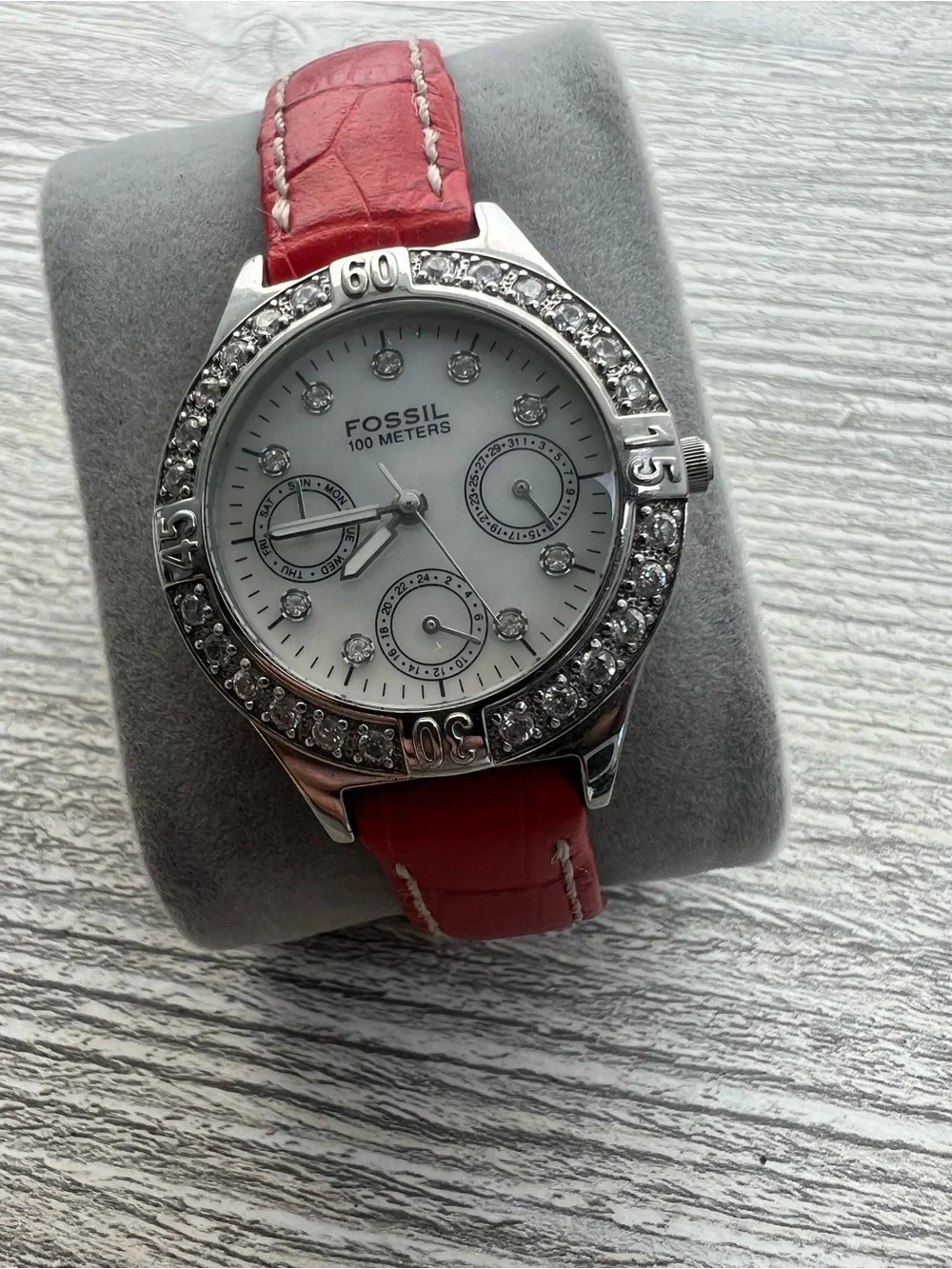 Fossil Women's Crystal Accent Watch - Red Leather Strap